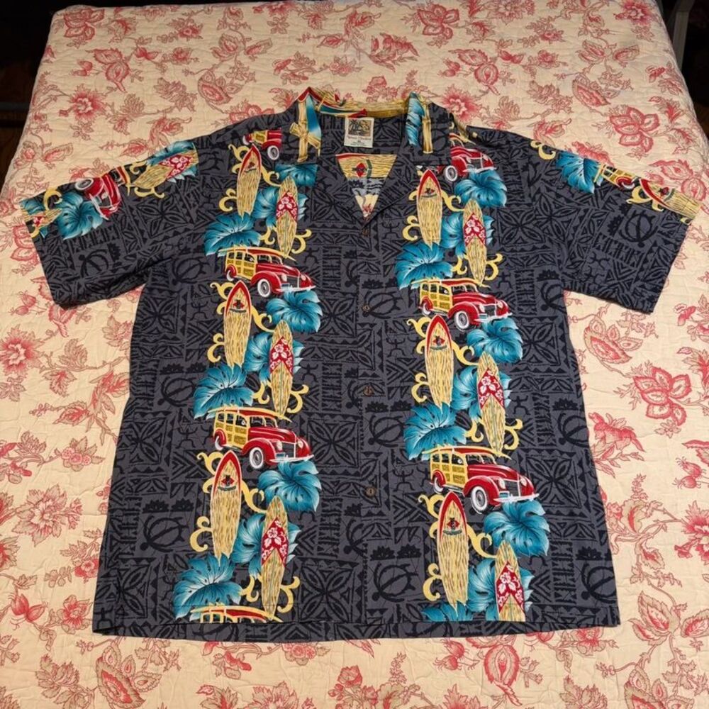 Vintage 90s Hawaiian Button up Woody Classic Car 100% Cotton Shirt!